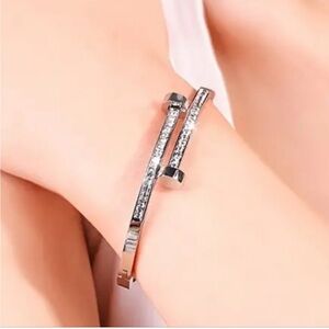 Nail with CZ Silver Tone Bangle Stainless Steel Bracelet